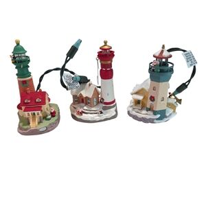 Vintage Hallmark Festive Lighthouse Glowing Ornament Decor Trio 1999 2000 2001